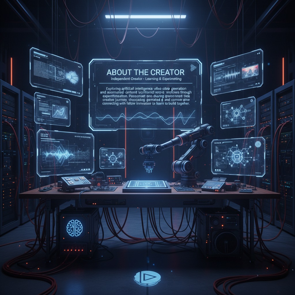 A futuristic workbench in a server room features a robotic arm and holographic screens displaying text and data.